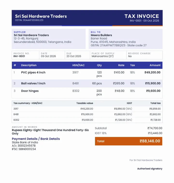 Corporate GST template: India B2B invoice with IGST