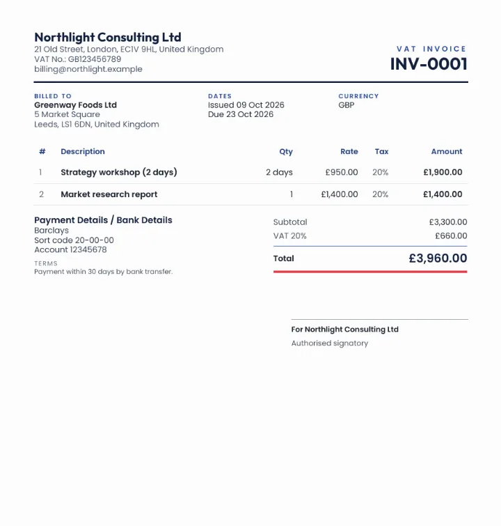 Ledger template: UK VAT invoice