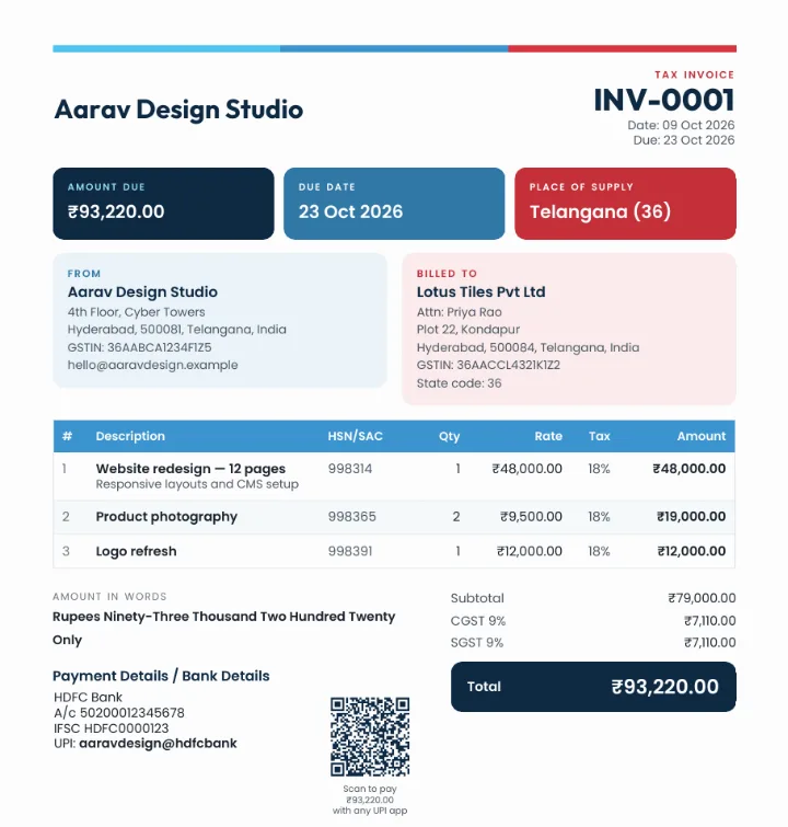 Signature template: India GST invoice with UPI QR